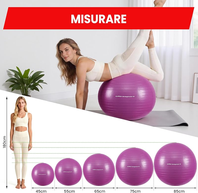 Palla Pilates 55 cm Yoga, Fitness I Softball Fino a 300 kg, Antiscivolo, Anti-Burst I Fitball per Gravidanza, Ginnastica, Palla Ergonomica da Seduta per Ufficio, Piccola e Grande, Rosso