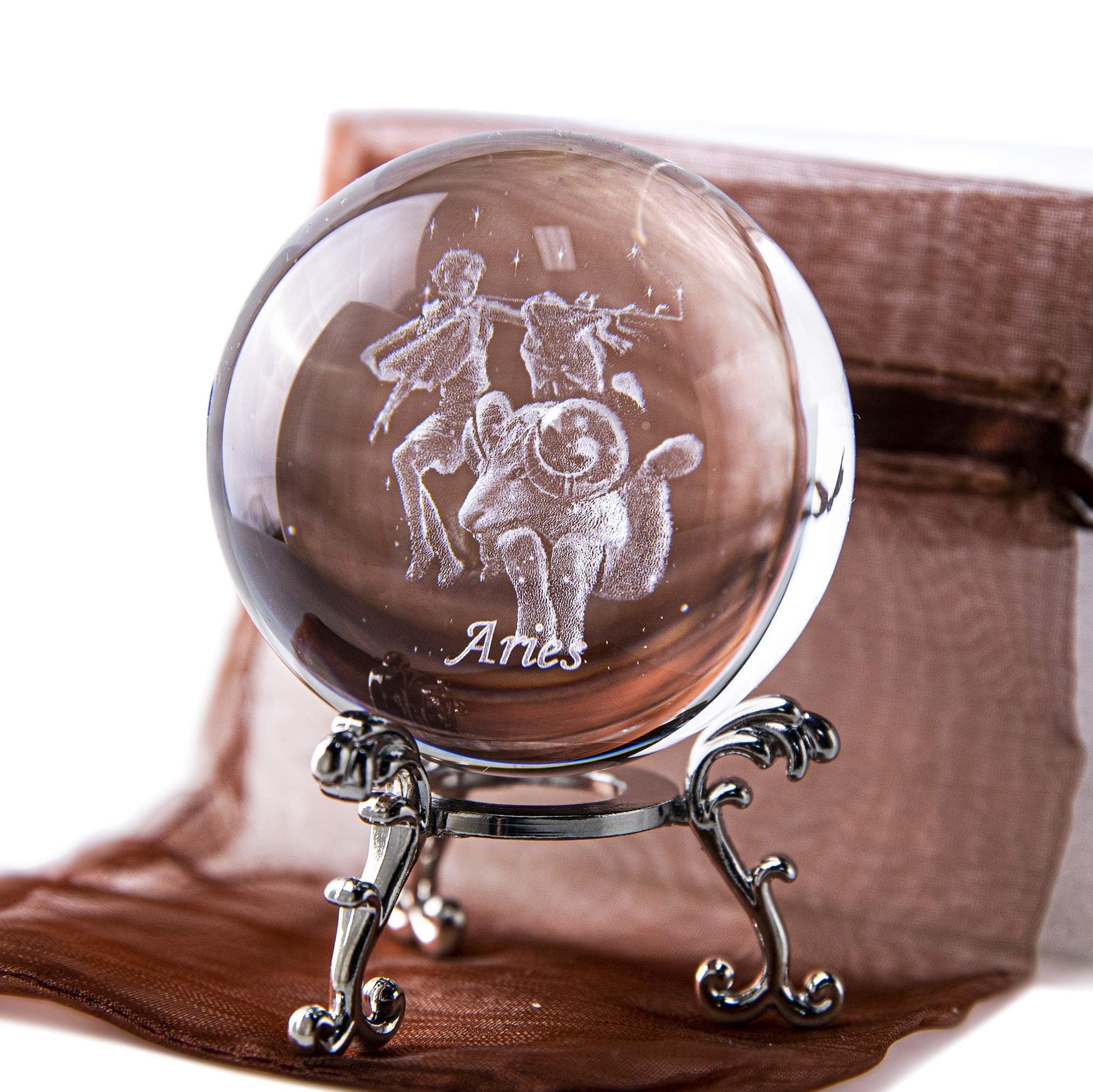 HDCRYSTALGIFTS 60mm 3D Constellation Crystal Ball Figurine Gifts for Women Men Glass Laser Engraved Aries Crystal Ball with Stand Paperweights Glass Ball Ornaments Decorations Gifts for Lovers