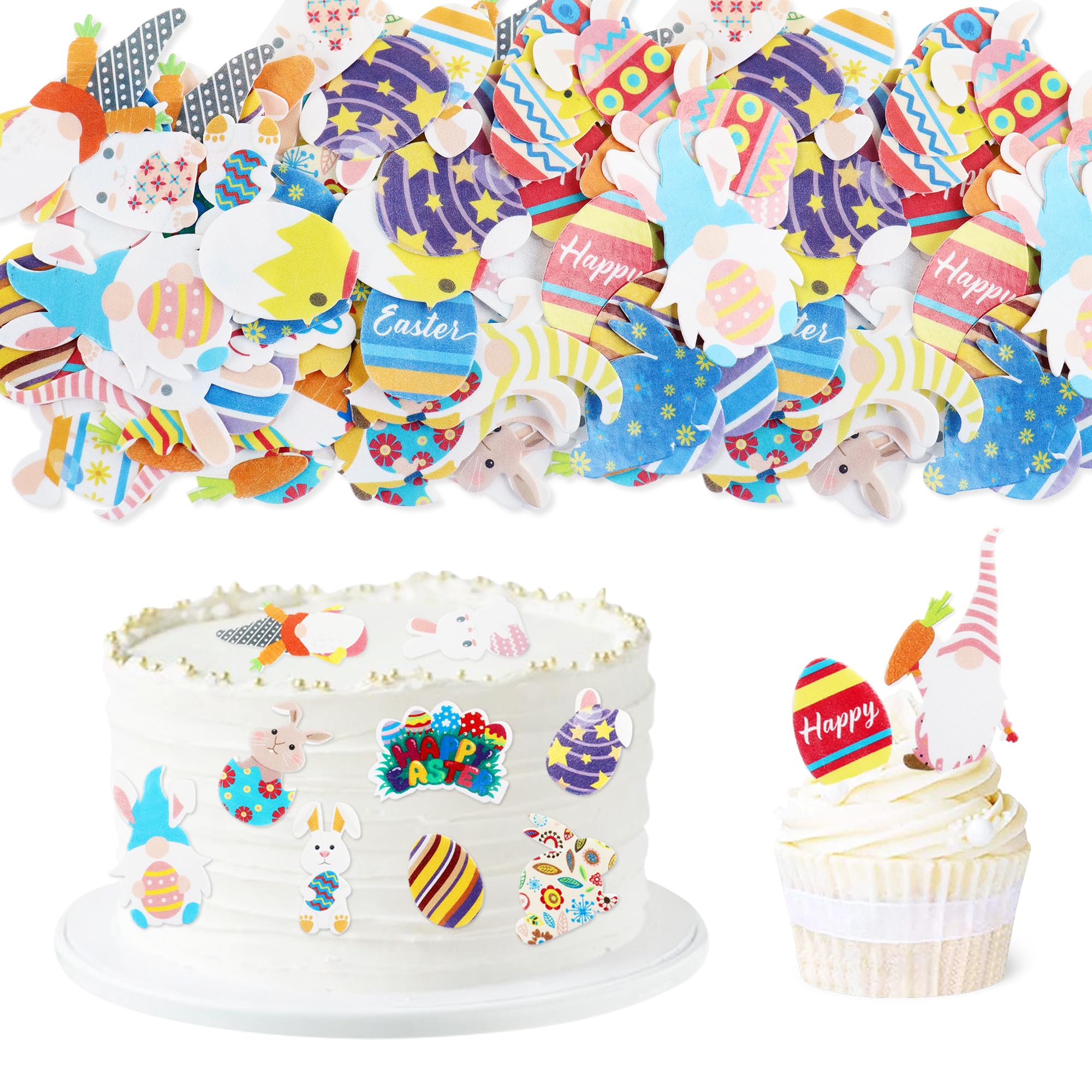 Ercadio 70 Pack Edible Colorful Happy Easter Cupcake Toppers Bunny Cupcake Drink Topper Picks Decorations for Easter Theme Baby Shower Kids Birthday Party Cake Supplies