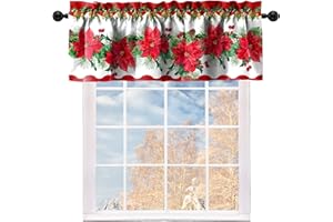 Cuteiush Christmas Poinsettia Kitchen Curtain Valances Red and Green Blooming Small Window Valances with Rod Pocket Merry Xmas Bedroom Bathroom Laundry Short Curtains Decoration, 52x18inch