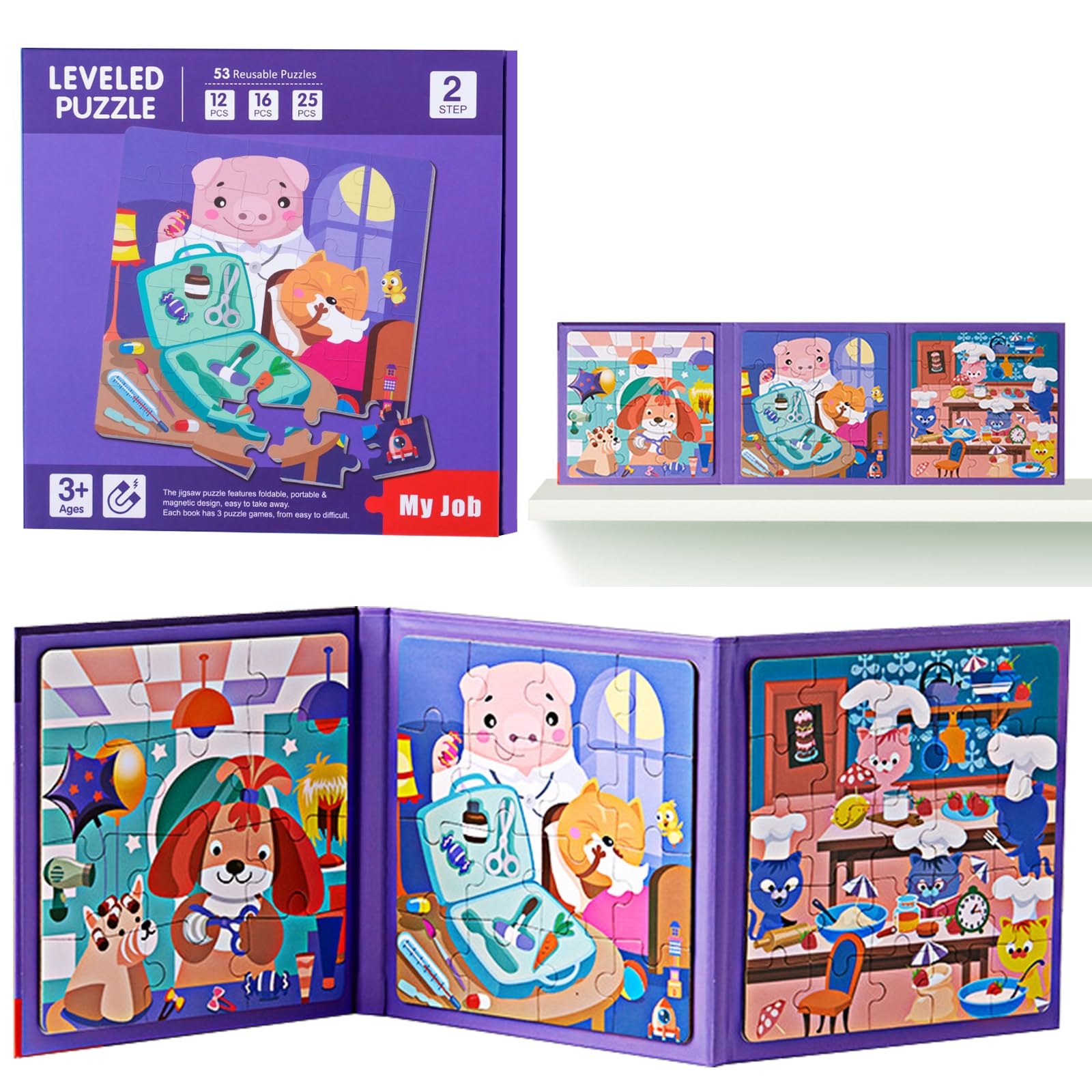 shineFinder 53 Pieces Magnetic Puzzle – Travel Games For Kids from 3 4 5 Years – for Employment on Plane/Car Driving Toddlers(Level 2-job)