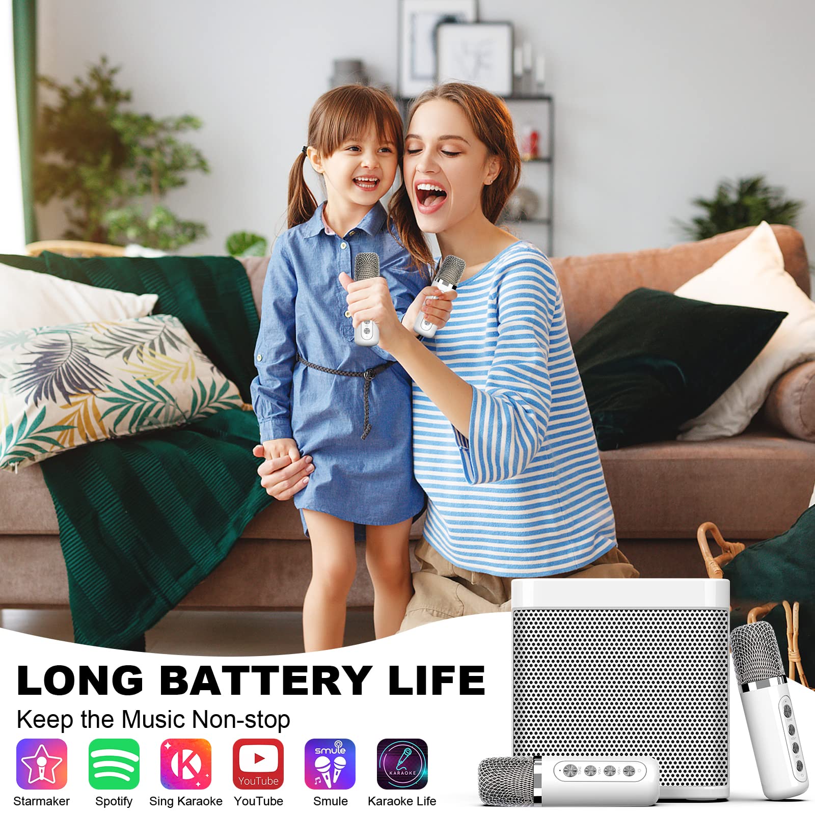 FULLIFE Karaoke Machine for Adults/Kids, 3000mAh Portable Bluetooth Karaoke Speaker with 2 Wireless Microphones, HD Karaoke PA System with Echo/Vocal Cut, Supports TF/USB/AUX-in, for Home Parties