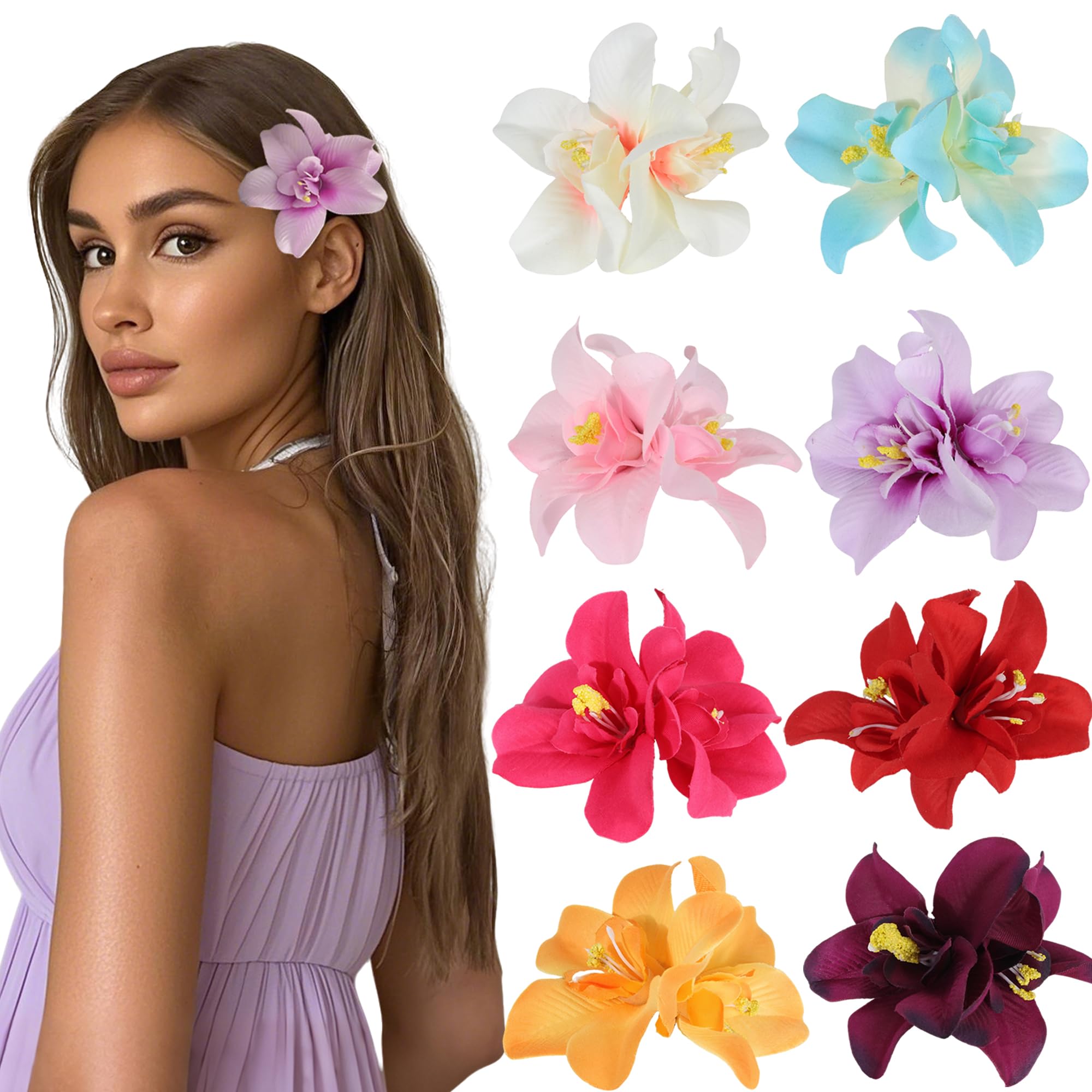 Photo 1 of 8pcs Hawaiian Flower Hair Clips, Bohemian Orchid Hairpin, Artificial Tropical Phalaenopsis Hair Barrette Hibiscus Hair Clips for Seaside Holiday, Bridal Hair Accessories Pins Headwear for Women Girl