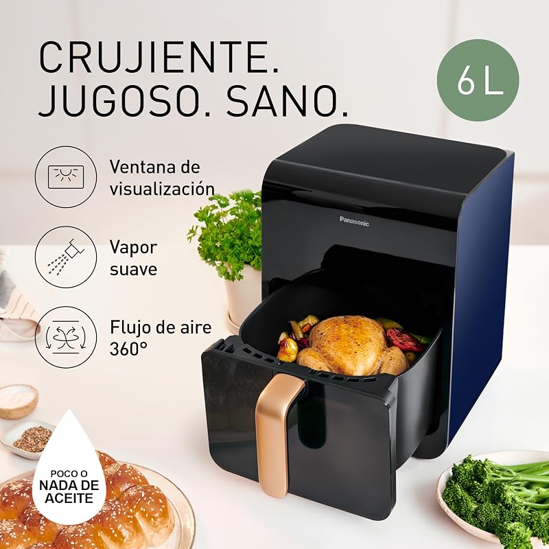 NF-CC600AXE Freidora De Aire con Ventana, 6 L, 80-200°C, Temporizador Digital y LCD, Vapor Suave, 11 Preajustes, Fácil De Limpiar, Mango Negro/Azul Oscuro y Dorada Rosado
