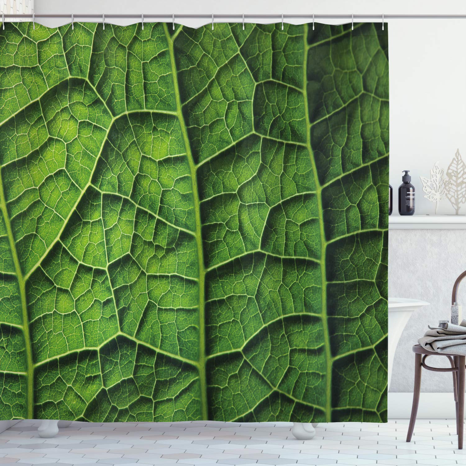 ABAKUHAUS Green Shower Curtain, Brazilian Rain Tropic Exotic Forest Tree Big Huge Leaf Macro Texture Artwork Print, Cloth Fabric Bathroom Decor Set with Hooks, 70 Inches, Dark Green