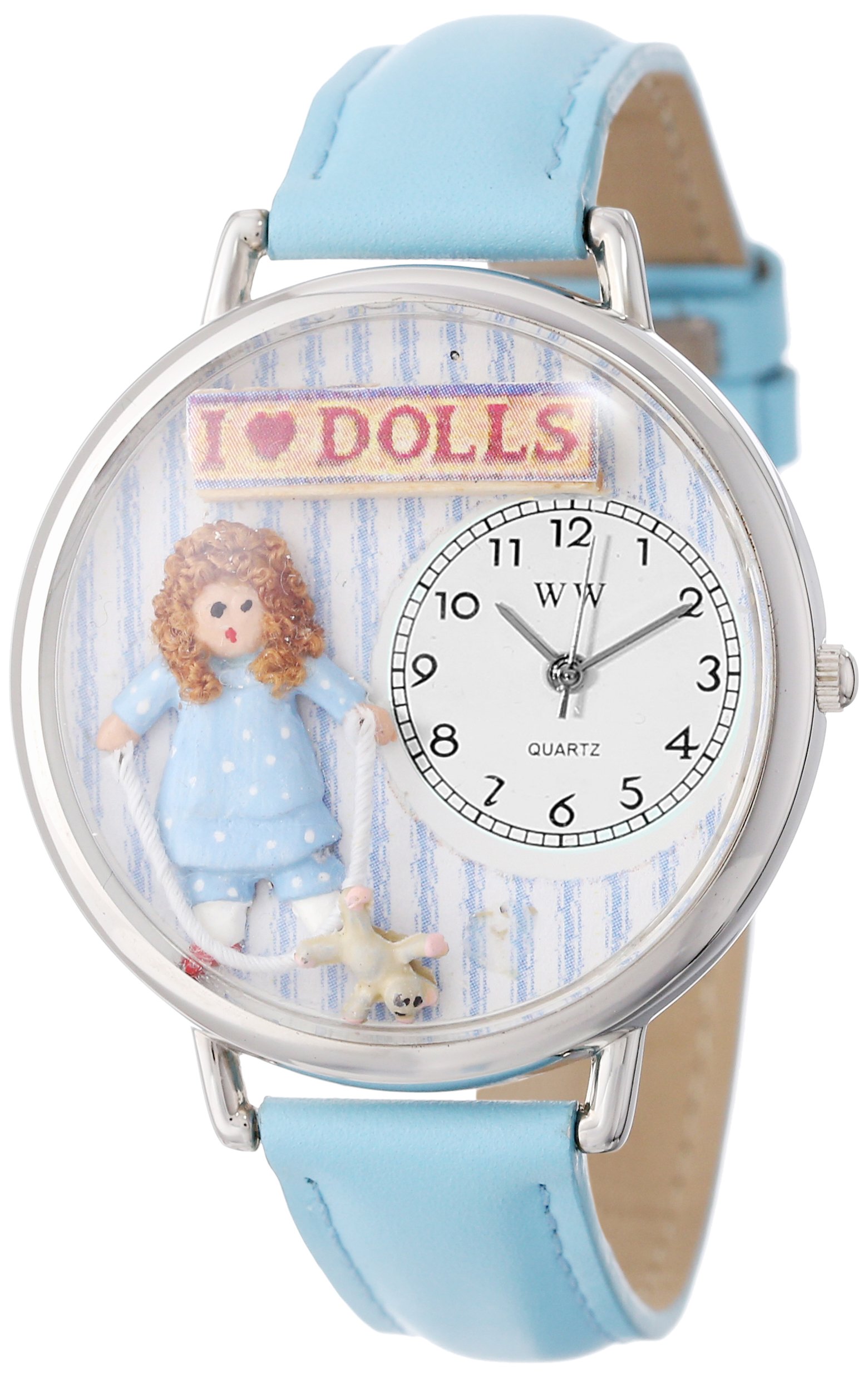 Whimsical Watches Doll Lover Baby Blue Leather and Silvertone Unisex Quartz Watch with White Dial Analogue Display and Multicolour Leather Strap U-0220001
