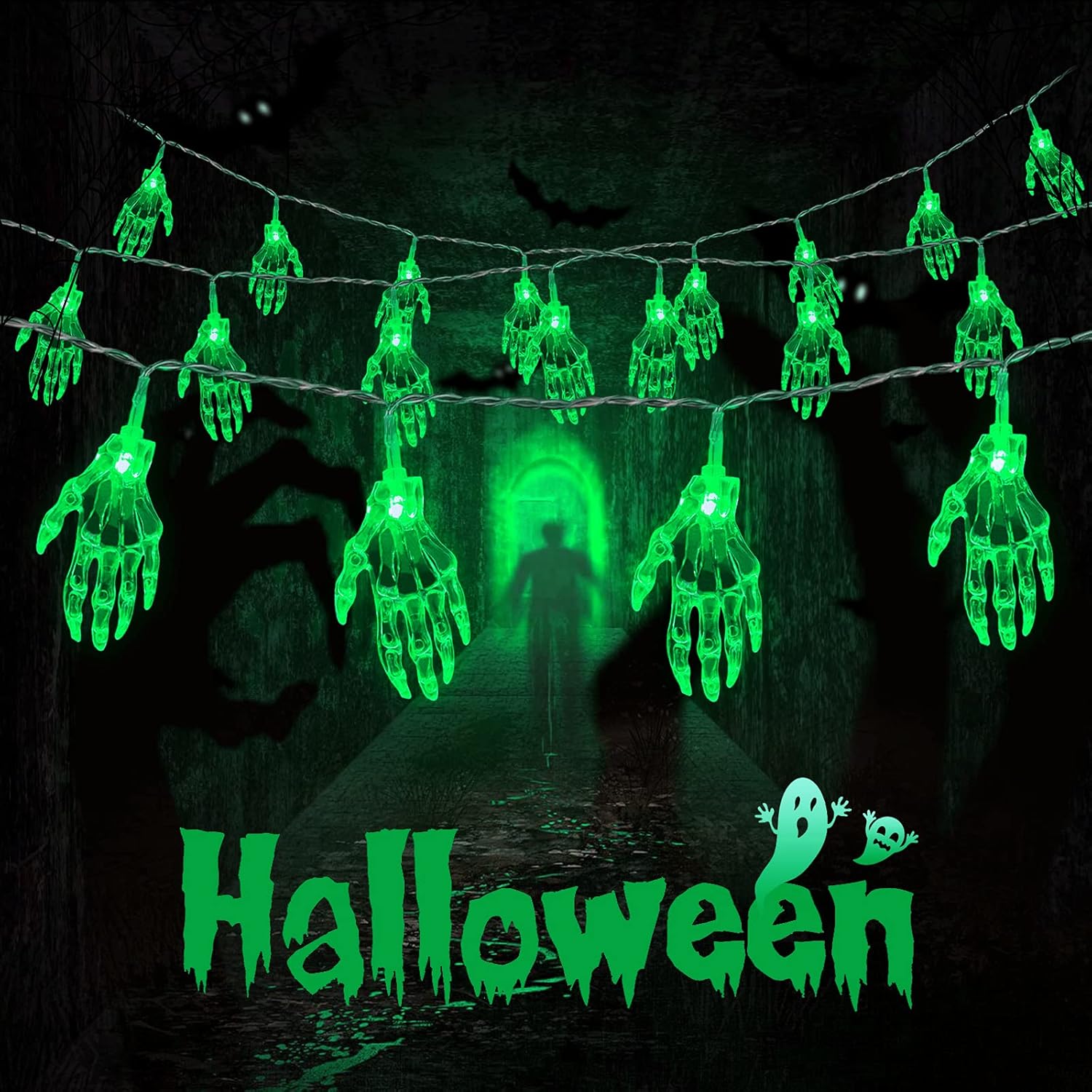 String Lights - JMEXSUSS Halloween String Lights,15.2ft 30 LEDs Skeleton Hand String Lights Battery Operated, Halloween Lights Indoor & Outdoor for Cosplay Party Halloween Decor Home(Green)