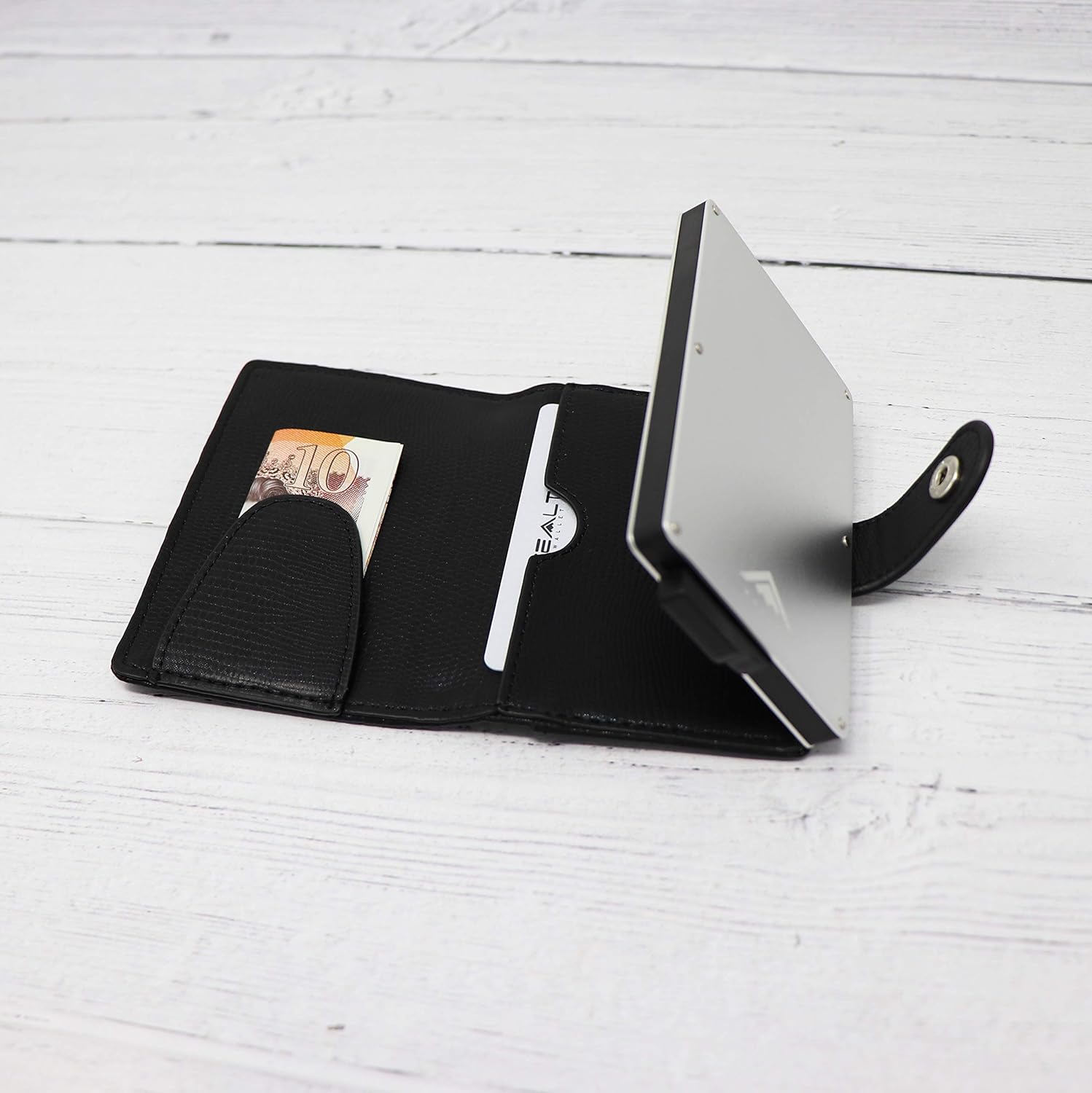 Grey Aluminium with Black Leather Minimalist NFC Blocking Pop Up