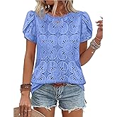 OFEEFAN Blouses for Women Dressy Casual Petal Short Sleeve Shirts Crochet Lace Boho Tops Spring Fashion Summer Outfits