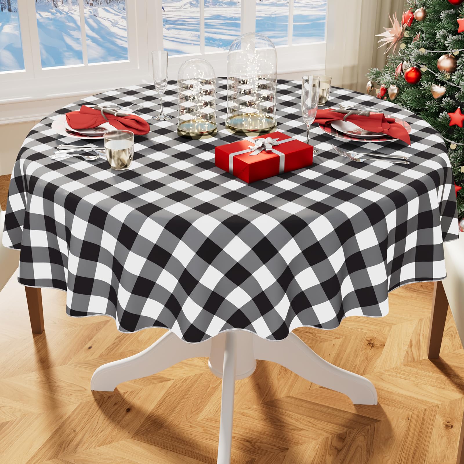 Photo 1 of misaya Round Waterproof Vinyl Table Cloth, Buffalo Flannel Backed Tablecloth, Wipeable Plastic Table Cover for Dinner, Kitchen, Picnic (60", Black and White)