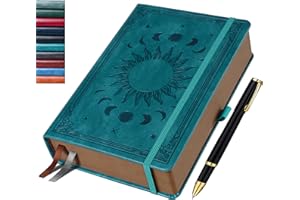 HwxBen Journal Notebook for Women/Men, Daily for Classic Lined Writing,360 Pages Leather Hardcover with Vintage Sun & Moon Design, SeaGreen, A5 (14.5 x 21 cm)