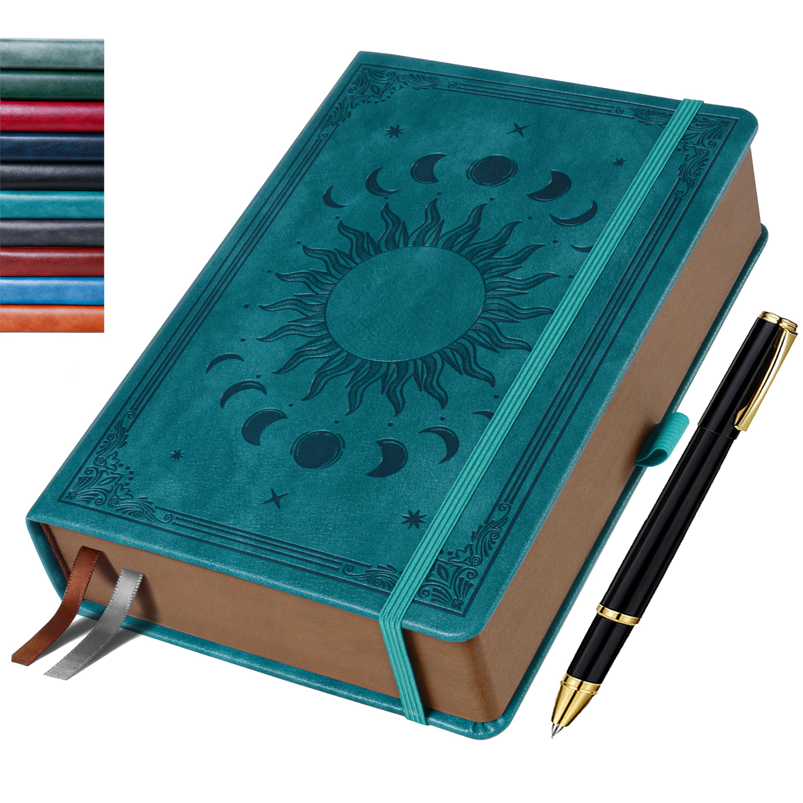 HwxBen Journal for Men & Women, Daily for Classic Lined Writing, 360 Pages Hardcover Journaling Notebook with Pen, Vintage Sun & Moon Design, Seagreen, A5 (5.9'' x 8.5'')