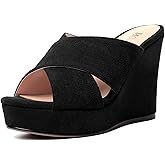 MODENCOCO Womens Suede Platform Slip On Open Toe Dressy Sexy Party Wedge High Heel Heeled Sandals 4 Inch