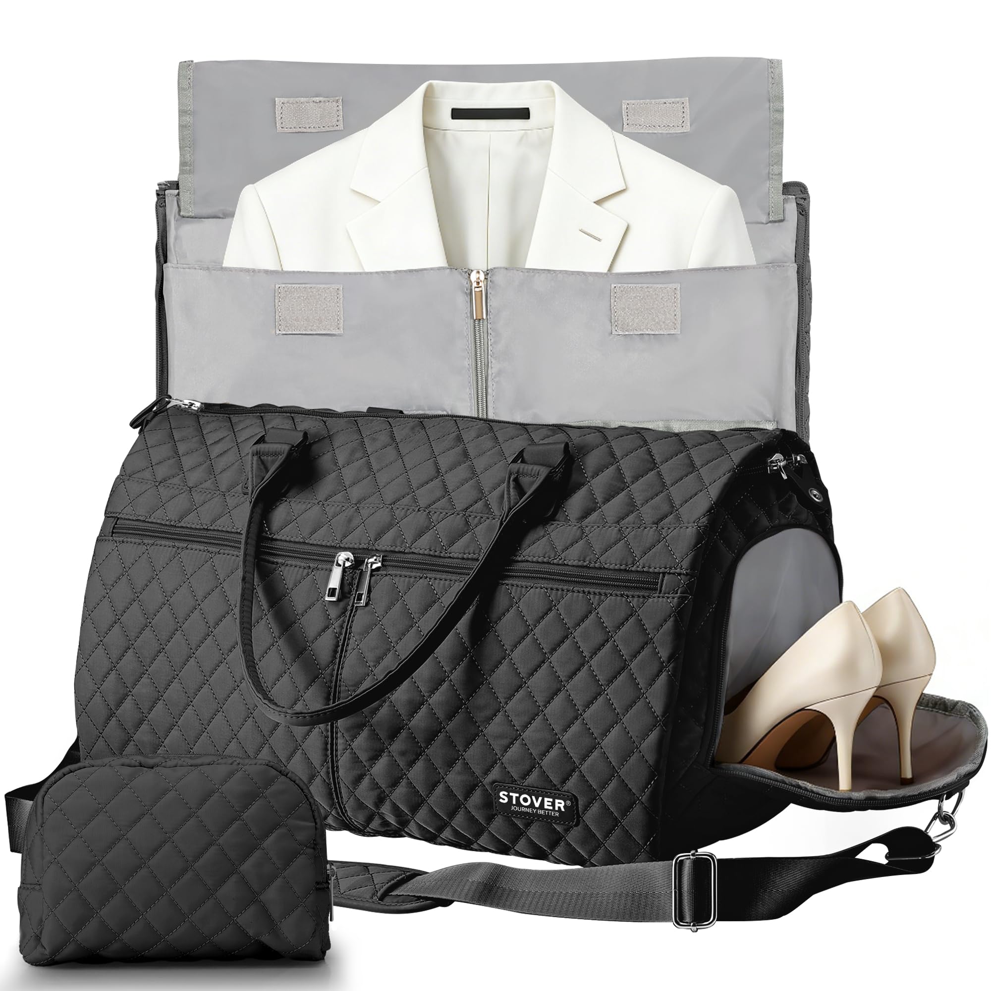 Photo 1 of STOVER Women’s Convertible Garment Duffel Bag for Travel – 2-in-1 Carry-On Weekender/Overnight Tote - Wrinkle-Free Dresses, Hanging Suits & Clothes Plus Shoe Compartment & Bonus Toiletry Bag (Black)
