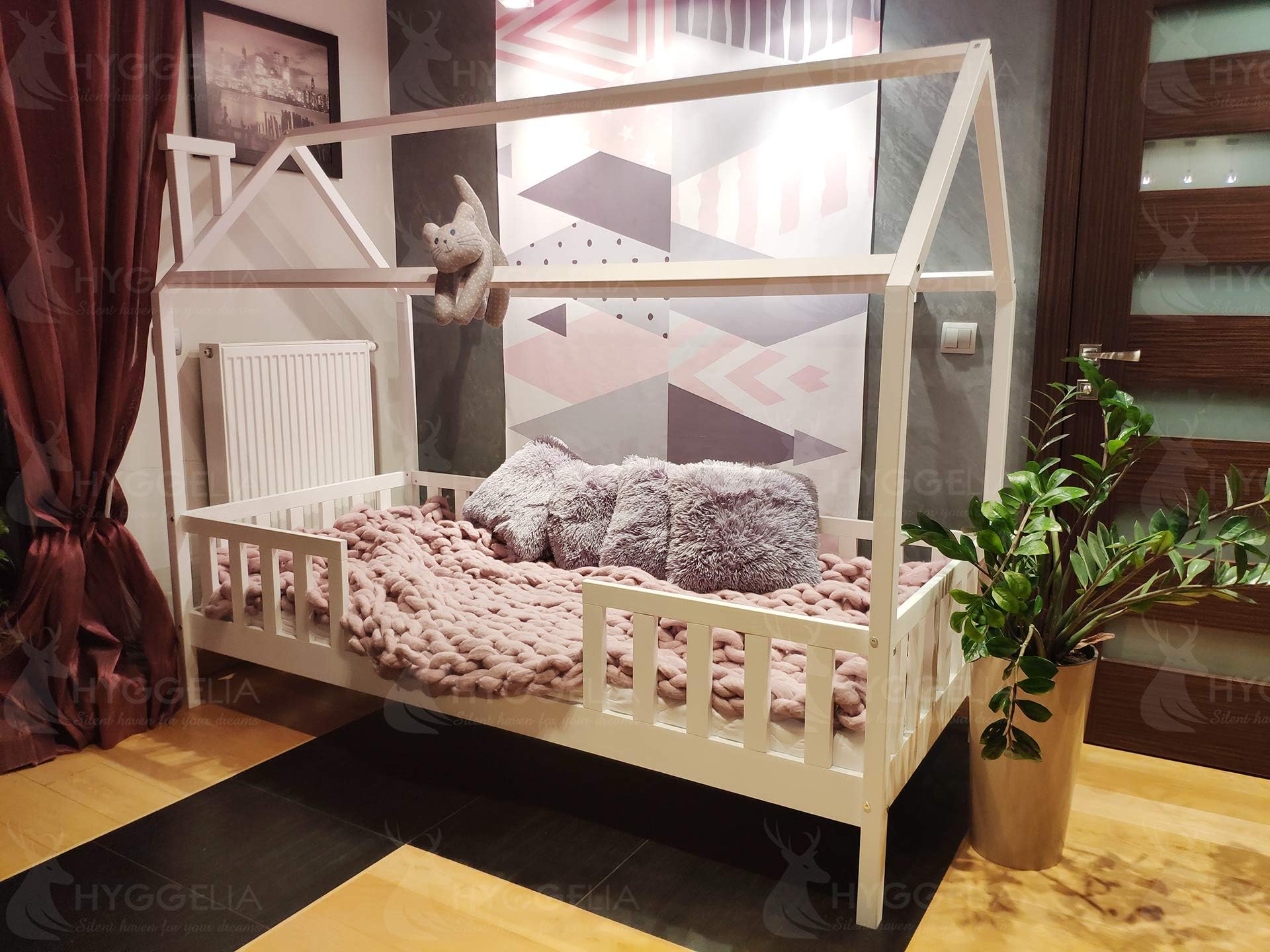 House BED with barriers Chester Wooden bed for children bed for teenager Bedroom furniture cottages wooden cottage bed (193 x 203 cm (King Size))