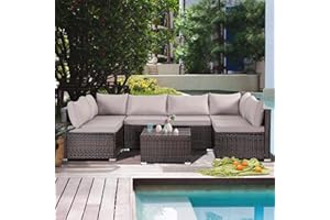 FHFO 7 Pieces Outdoor Patio Furniture Set Modular Patio Set Wicker Outdoor Sectional Sofa Set PE Rattan Patio Conversation Sets with Cushions & Coffee Table for Outside, Garden, Poolside, Porch, Gray