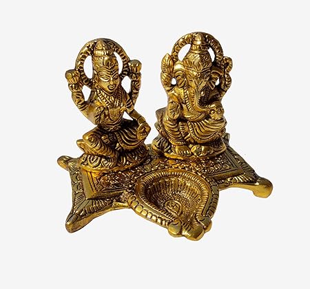 VG White Metal Golden Oxidized Laxmi Ganesh Ji Choki with Diya (Oil Lamp) Decorative Diwali Home Decoration & Gift Item