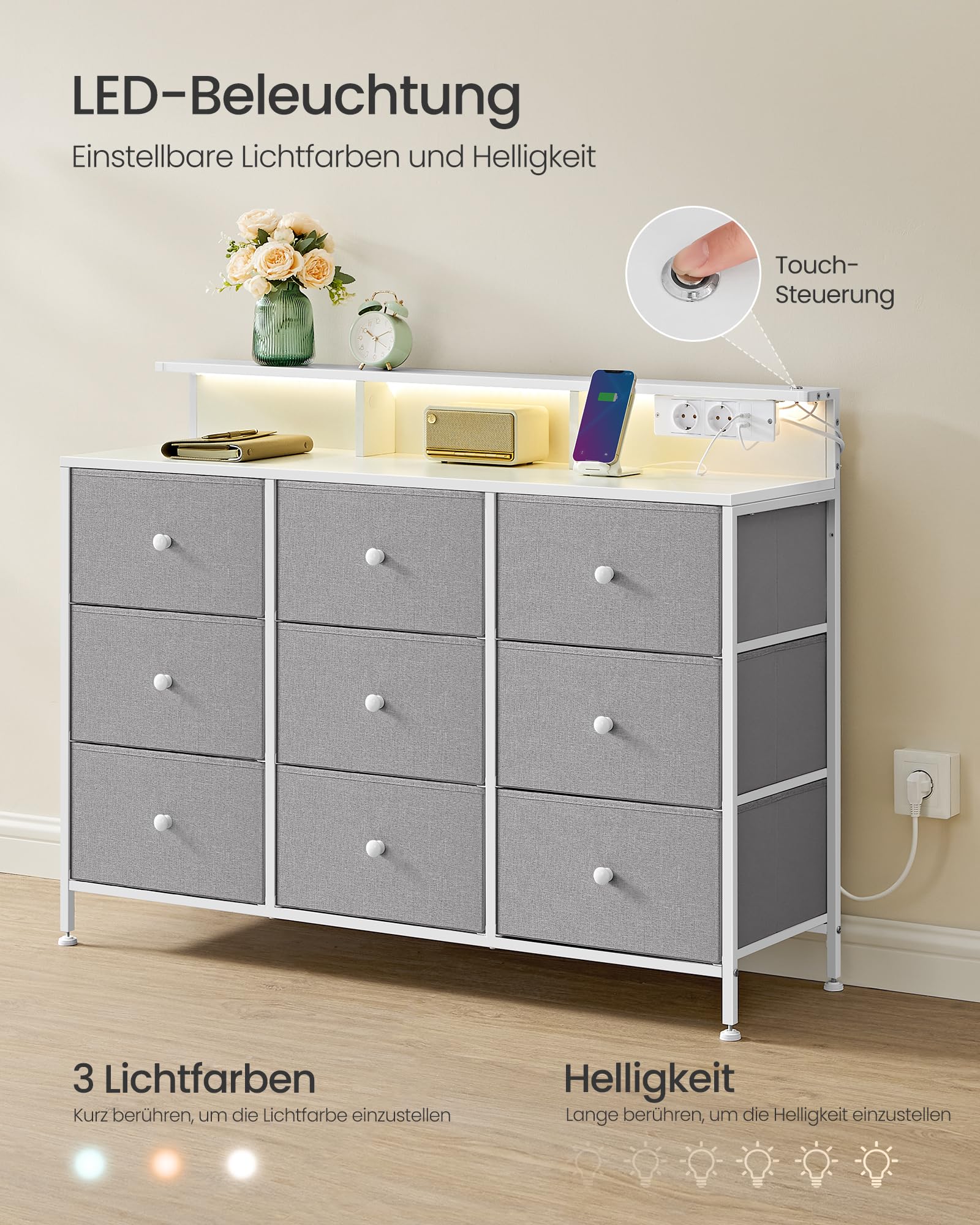 SONGMICS Kommode, Aufbewahrungsschrank mit 9 Schubladen und LED-Beleuchtung, Steckdosenleiste, Stahlrahmen, 33,5 x 114 x 84 cm, für Schlafzimmer, Wohnzimmer, Taubengrau LTS519G01 3