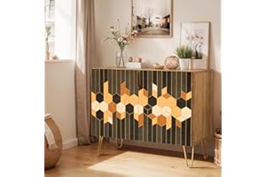 SIGNWIN Sideboard Buffet Cabinet, Kitchen Storage Cabinet with 2 Doors, Black & Brown Hexagon Polygon Patterns, Cupboard Console Table for Dining Room - 35" L x 18" W x 29" H