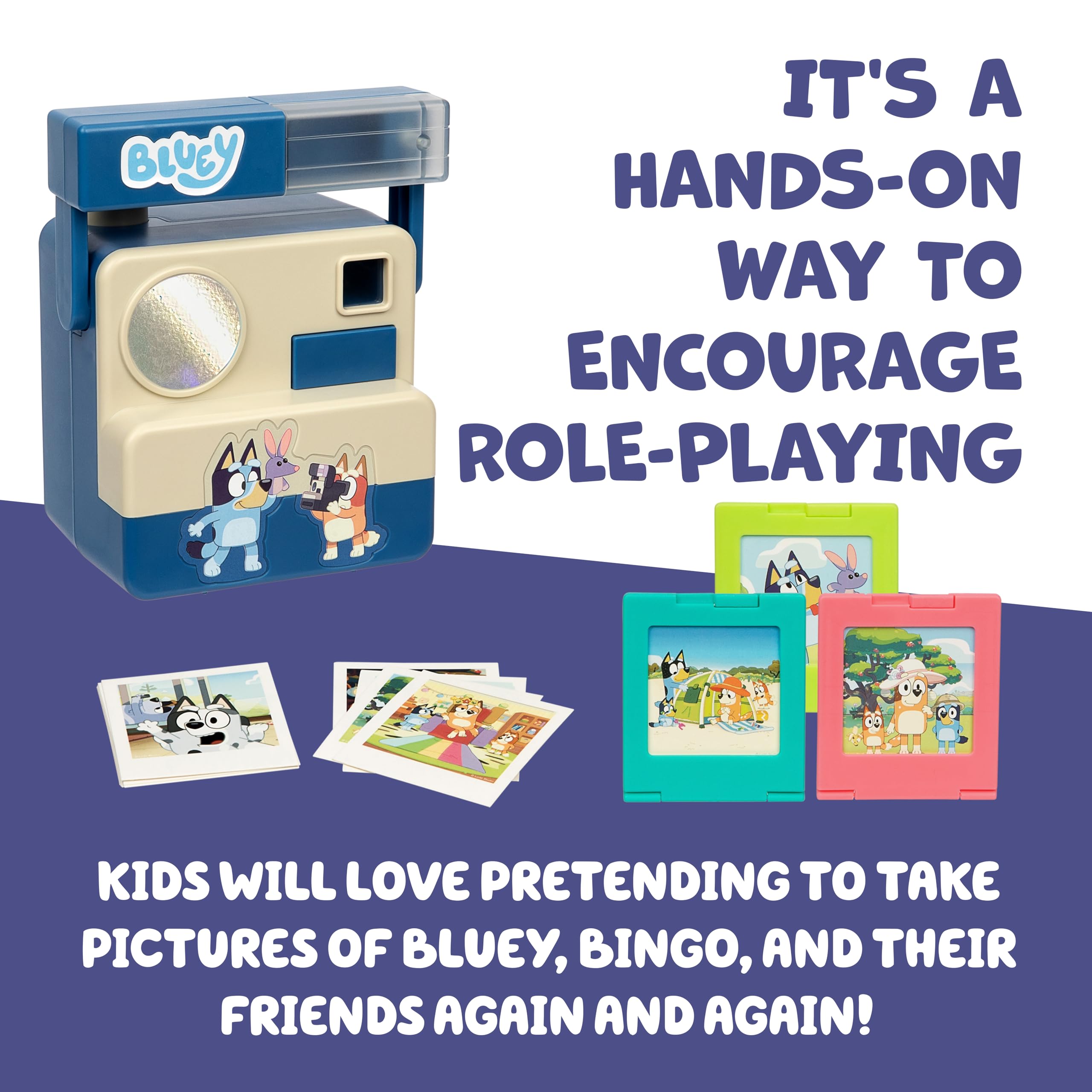 Bluey Chikit Chikit Pretend Camera, Role Play Toy Camera for Kids with 10 Photo Cards, 3 Pop-Out Film Cartridges, Toddler Toys Playset for Ages 3+