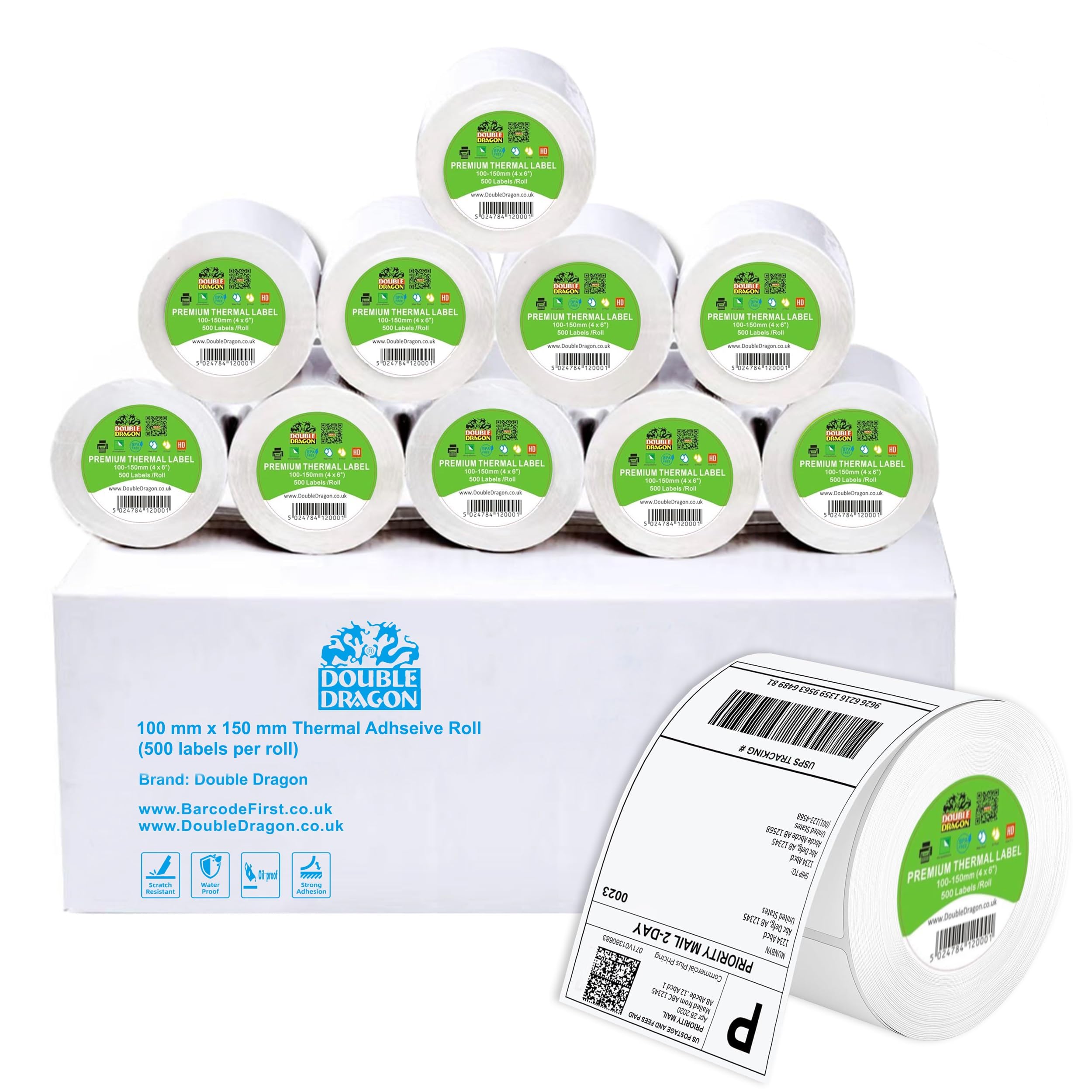 Double Dragon 100 x 150 mm (4" x 6") Premium Coated Self-Adhesive Direct Thermal Label for Zebra, MUNBYN Printers [10 Roll - 5000 Label]