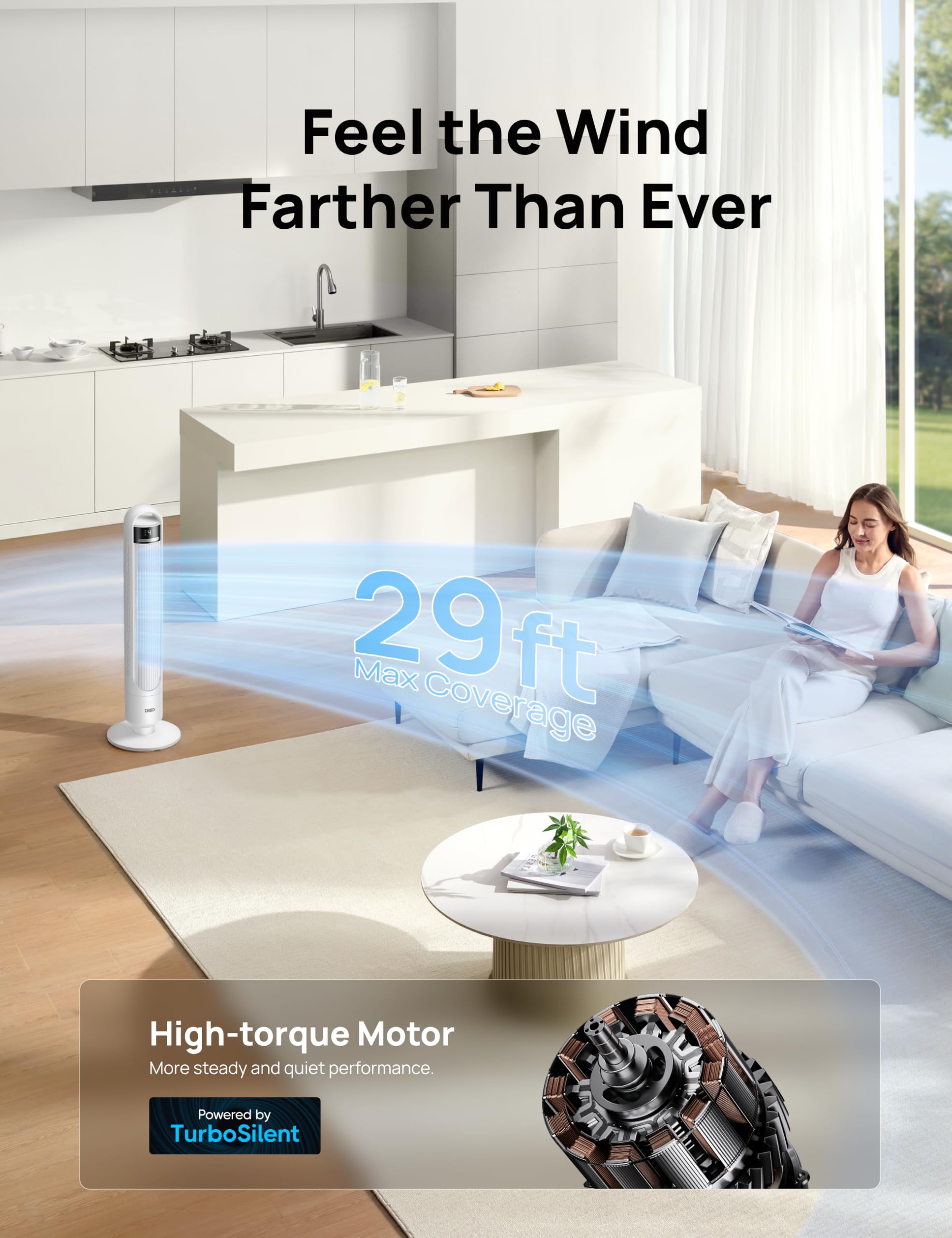 Dreo Tower Fan for Bedroom, 90° Oscillating Fan, Standing Fan with 3 Modes, 4 Speeds, 8H Timer Cooling Fans for Home, Living Room, Office, White, TF117