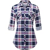 DJT Womens Soft Stretchy Knit Plaid Shirts Roll Up Long Sleeve Collared Button Down Blouses Tops