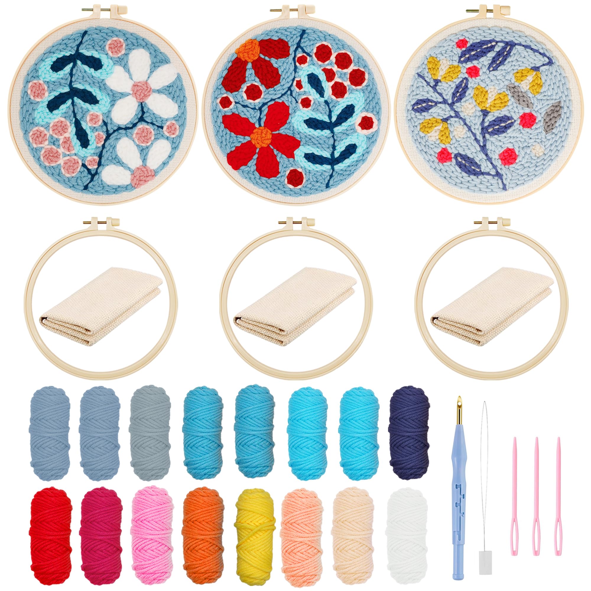 Allazone 3 Set Punch Needle Embroidery Kits, Punch Needle Kits for Adults Beginner with Flower Pattern, Instruction, Plastic Hoop, Yarn for Crafts, Home Decor
