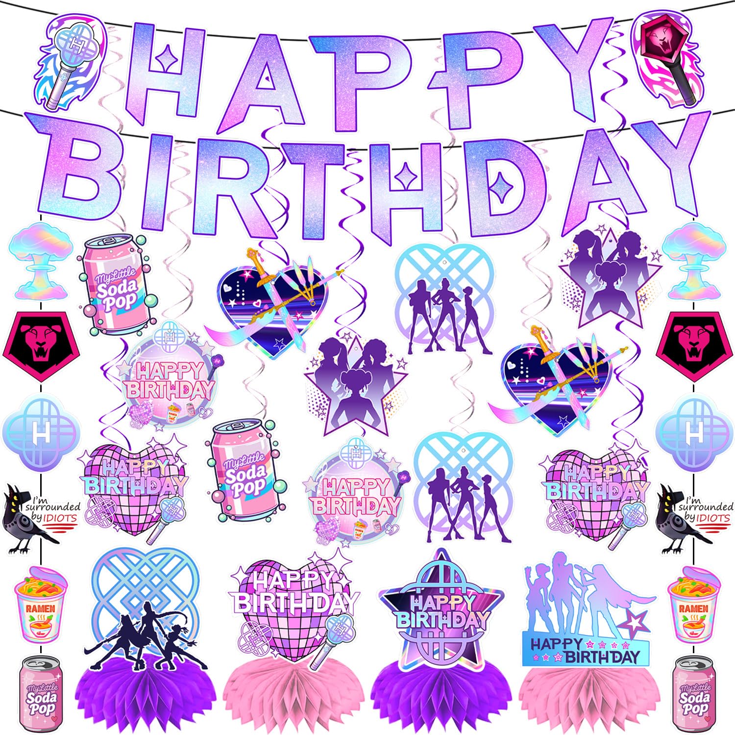 Photo 1 of Birthday Party Decorations Banner Set Include Magical Music Theme Happy Birthday Banner, Hanging Swirls, Honeycomb Centerpieces, Hanging Garland for Party Supplies Decor