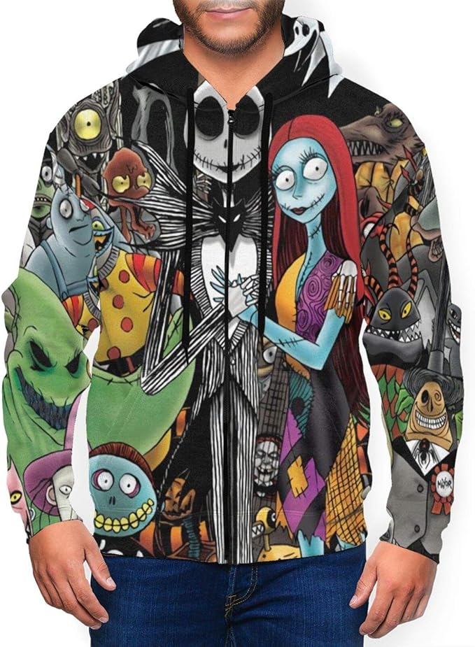 Bgejkos Nightmare Before Christmas Men's Zip Hoodie with Front Pocket Sweatshirts 3D Print 