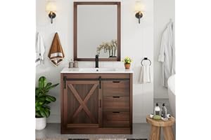 chartustriable 36 Inch Bathroom Vanity with Sink & Faucet & Mirror, Farmhouse Bathroom Vanity Cabinet Set with Sliding Barn Door & Drawers, Small Single Bath Storage Vanity Sink, Brown