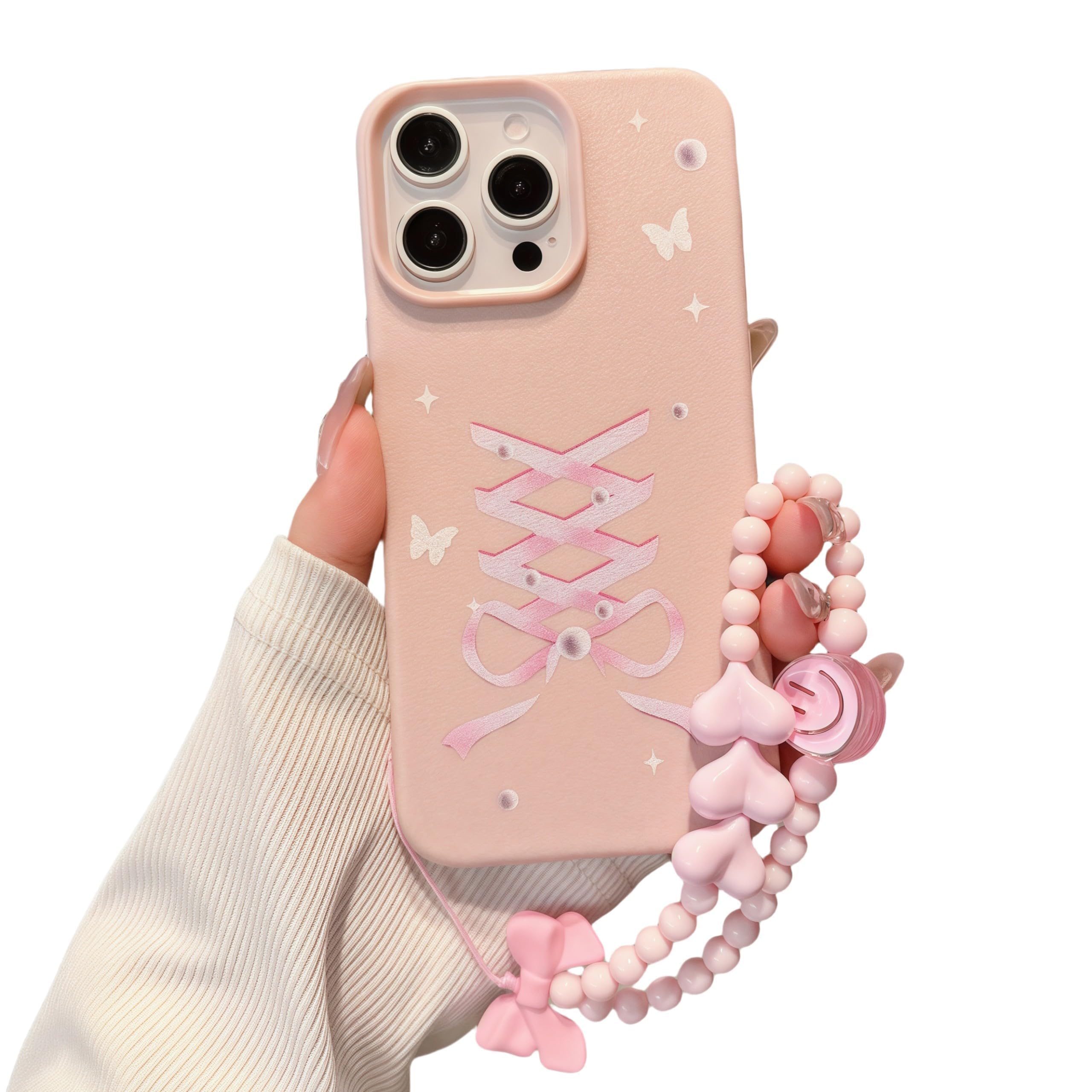Pretaco Elegant Lovely Bow Phone Case for iPhone 12, Stylish Ballet Ribbon Girly Cover with Wrist Strap, Aesthetic Soft Pink Tone, Designed for Women and Girls