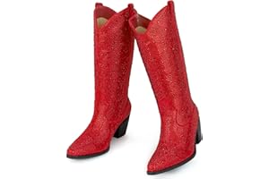 MISSMILLER Women’s Rhinestone Cowboy Boots Mid Calf Pointed Toe Sparkly Block Heel Cowgirl Boots with Pull On Tabs