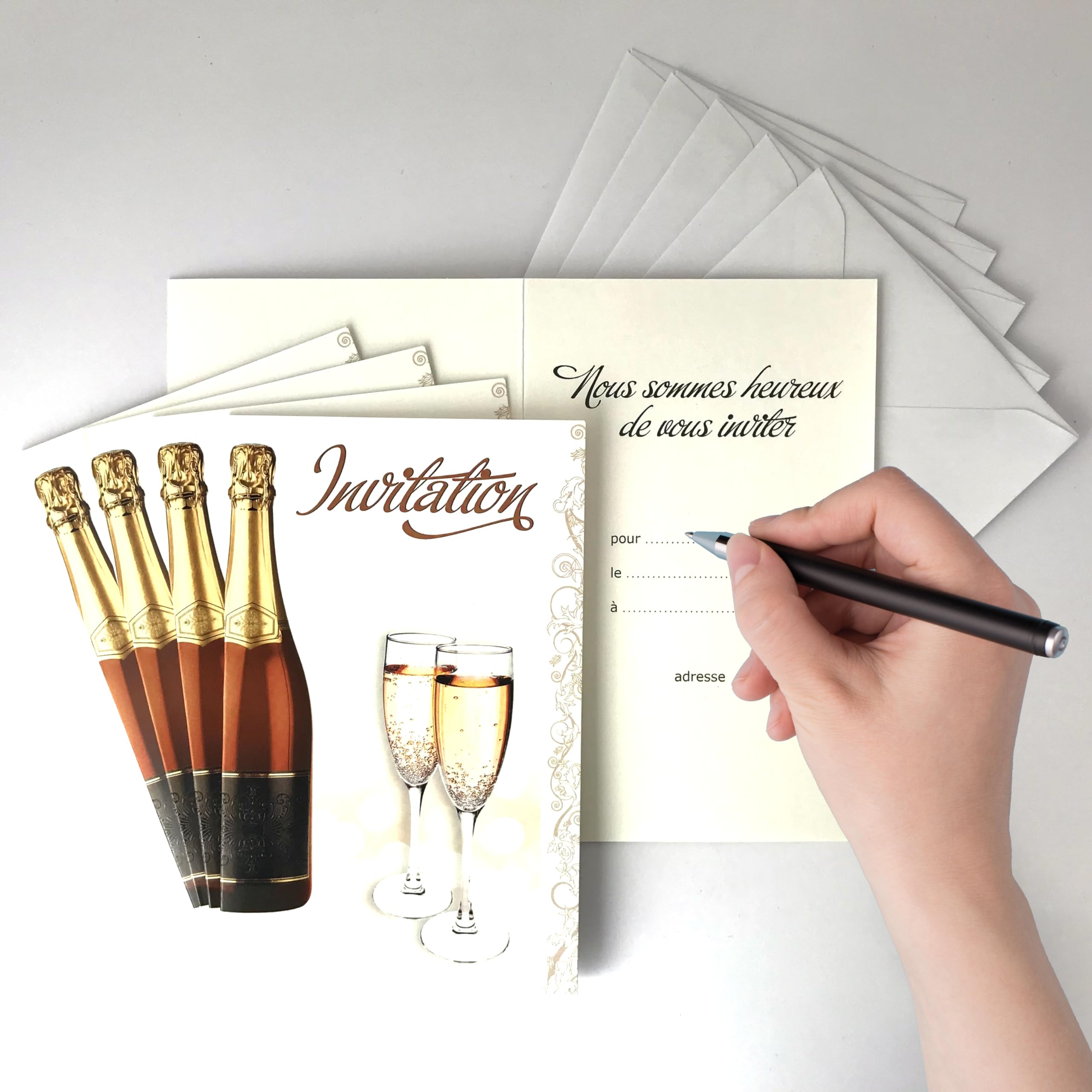 Set of 5 Champagne Invitation Cards + 5 White Envelopes 9 x 14 cm – Text We are pleased to invite you to celebrate, celebrate, toast, share happiness bubbles, birthdays – IV5031