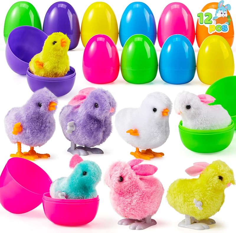 JOYIN 12 Pcs Filled Easter Eggs Wind-Up Jumping Toys