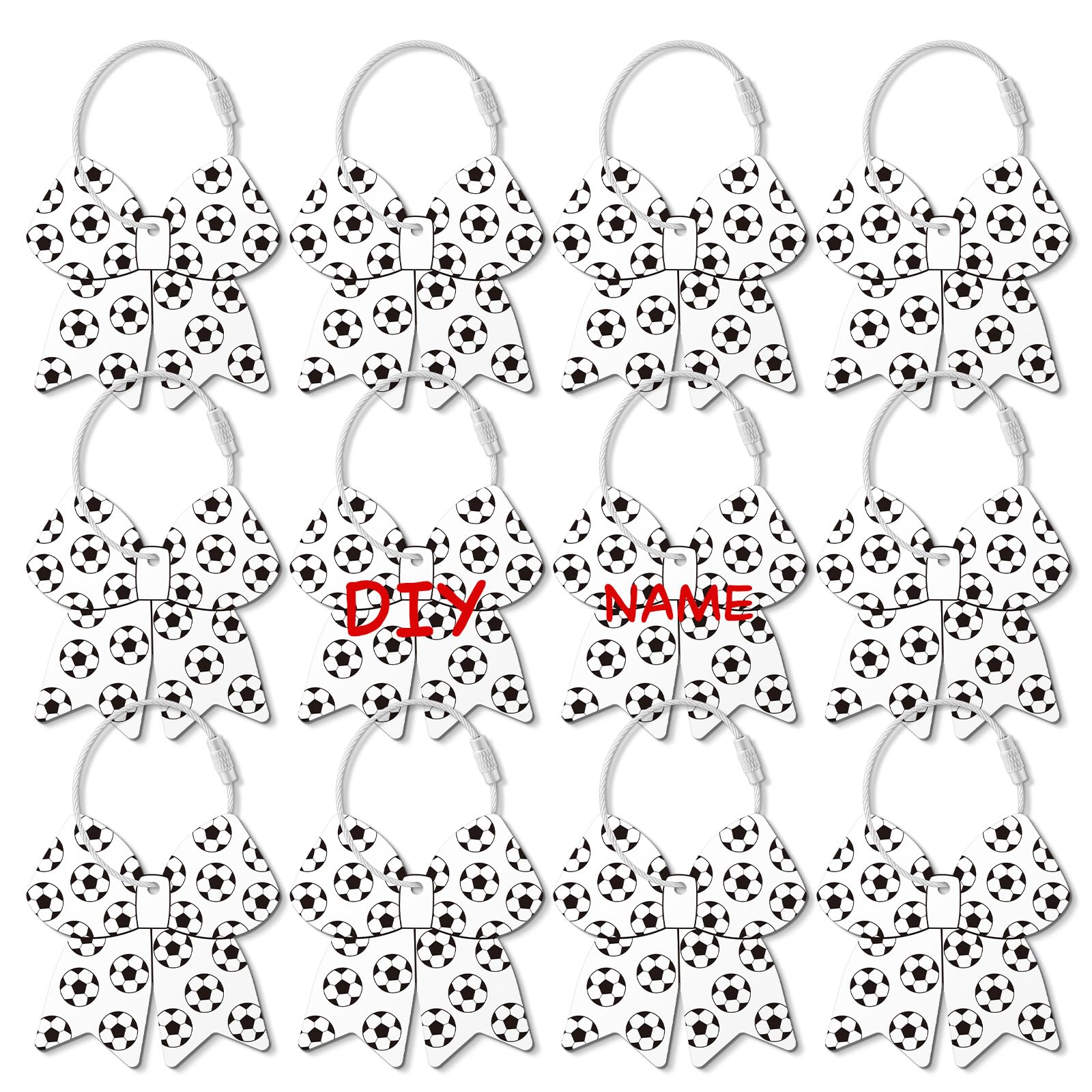Photo 1 of 12 Pcs Soccer Bow Luggage Tags for Travel Suitcase Labels with Metal Ring 2.75in Soccer Bow Keychain PVC Name ID Card and DIY Pocket Hug Card for Men Women Travel Bag Suitcase