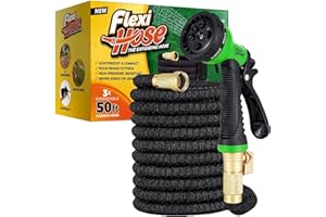 Flexi Hose with 8 Function Nozzle Expandable Garden Hose, Lightweight & No-Kink Flexible Garden Hose, 3/4 inch Solid Brass Fittings and Double Latex Core, 50 ft Black
