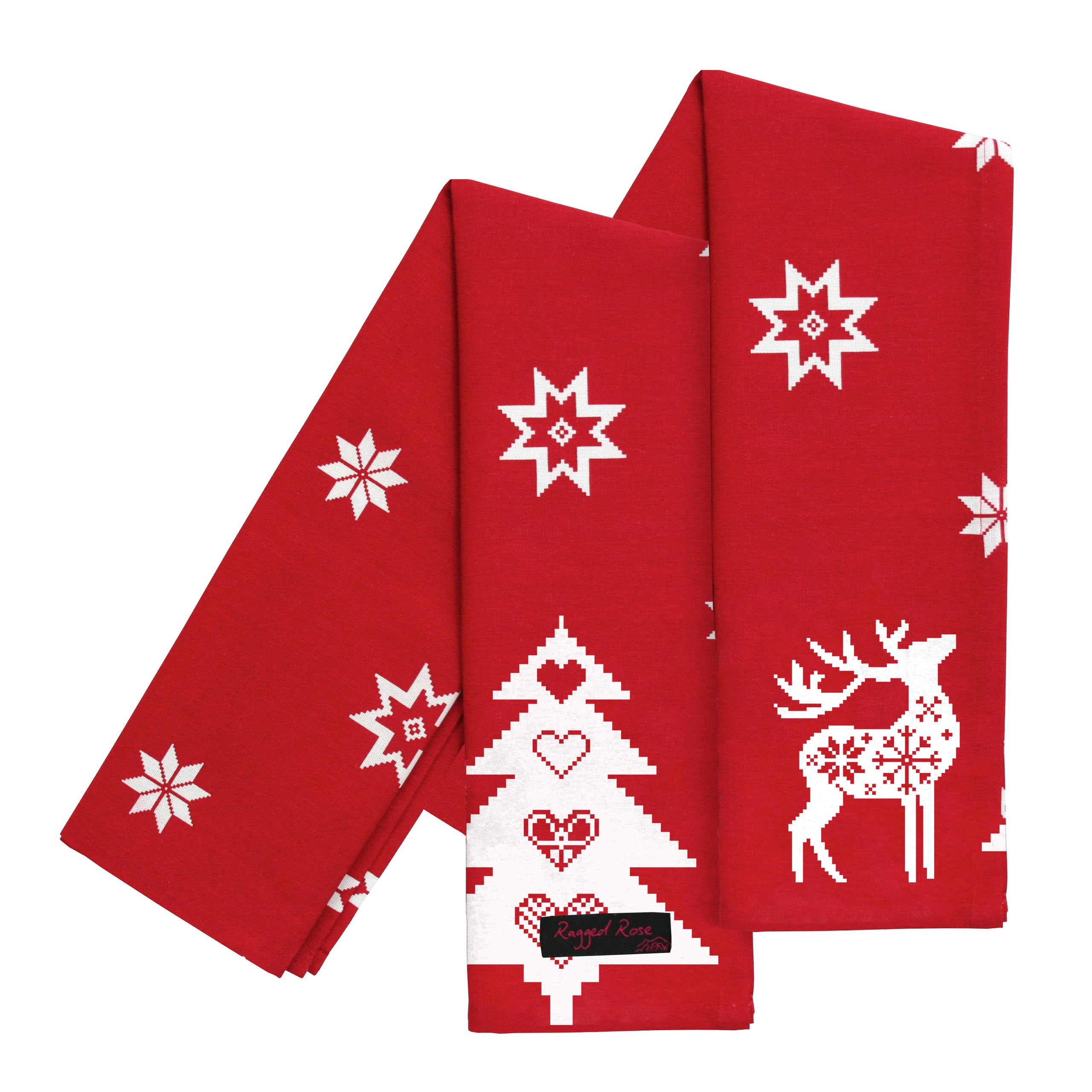Ragged Rose Tea Towels for Kitchen - 50 cm x 70 cm Pair of Kitchen Cloths for Drying Dishes, Wiping Countertops, & Handling Pots - Machine Washable & Durable - Red Christmas Star, Pack of 2