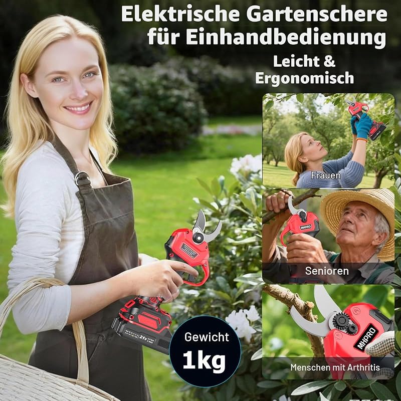 Akku Astschere, MHPRO 30MM Elektrische Gartenschere mit 2 Akkus 2000mAh, 600W Bürstenloser Motor Bypass Baumschere, Garten Schere mit LCD-Elektrische Baumschere-für Garten Äste Obstgärten, Rot