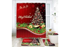 Uspring 4 Pcs Merry Christmas Shower Curtain Sets with Non-Slip Rugs, Bath Mat, Toilet Lid Cover and 12 Hooks, Xmas Tree Ball Snowflake Red Shower Curtain for Christmas Decoration