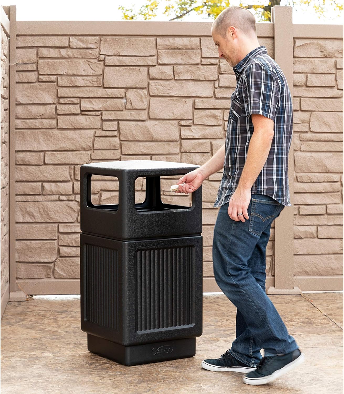Safco Products Canmeleon Outdoor/Indoor Recessed Panel Trash Can 9476BL, Black, Decorative Fluted Panels, 38-Gallon Capacity : Outdoor Waste Bins : Office Products