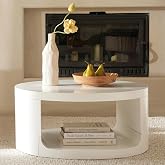 Round White Coffee Table with Storage, Modern Living Room Table, 31 * 14in | open-style storage, rubber pads, wood center tables, white tea tables, 22*10in storage space, four non-slip rubber pads