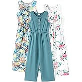 PATPAT 3 Pack Girls Jumpsuits Solid Color Floral Print Button Down Sleeveless Jumpsuits Long Romper Pants with Pockets 5-14Y