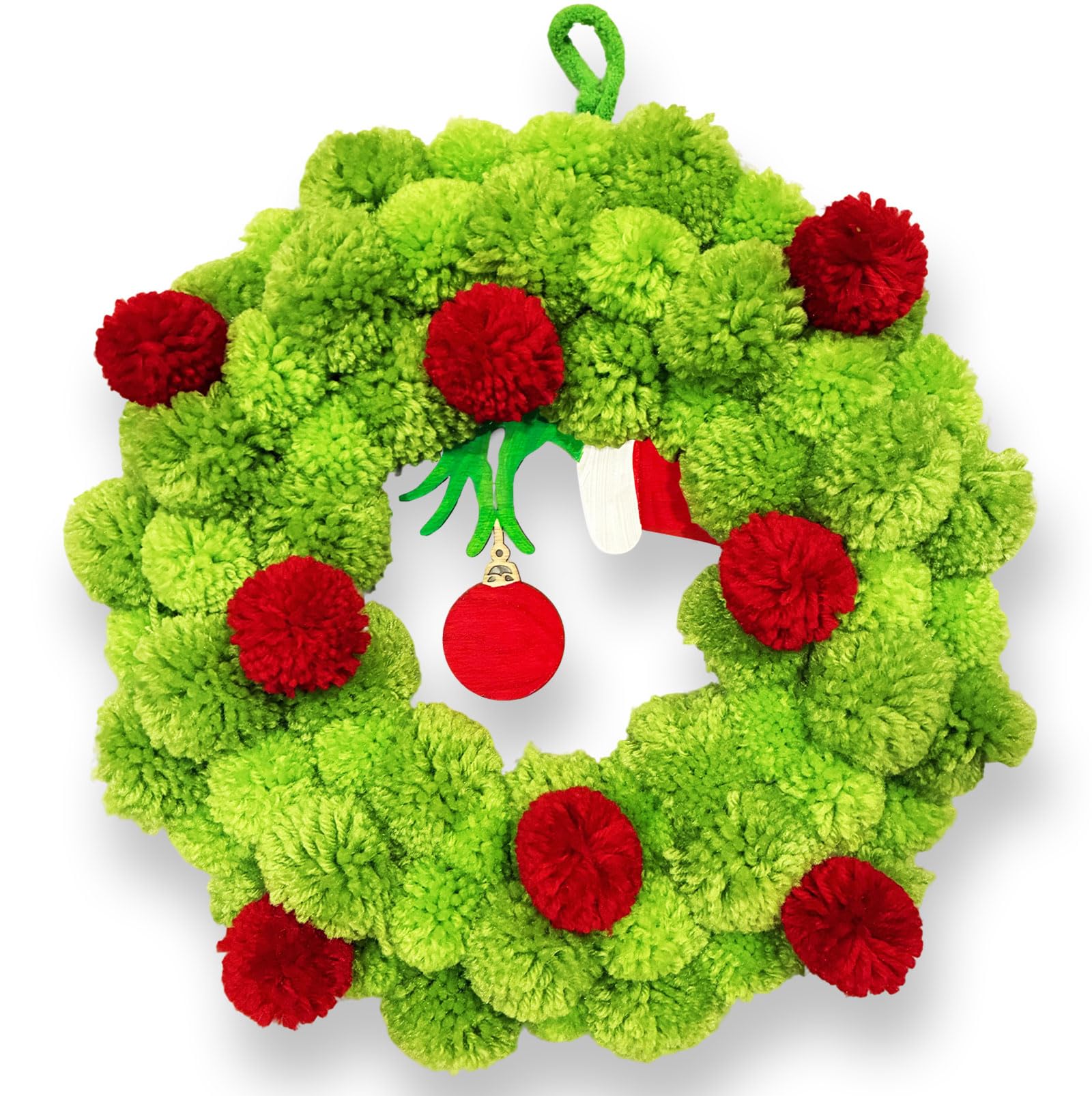 Photo 1 of 13 Inch Christmas Pom-Pom Wreath, Bright Green & Red Fuzzy Ball Door Wreath with Ornament Accent, Small Artificial Festive Decor for Front Door, Indoor/Outdoor Home Wall, Xmas Holiday Decorations