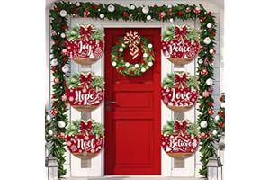 Huwena 6 Pcs Christmas Hanging Sign Decorations Red Wreaths Wall Sign Plastic Round Peace Love Joy Decorative Sign with Rope Rustic Front Door Decor for Xmas Holiday Party Door Windows Walls Decor