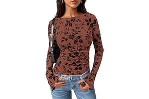 PRETTYGARDEN Women Long Sleeve Floral Mesh Tops Blouse 2025 Fall Trendy Boat Neck Ruched Fitted Shirt Going Out Date Outfits
