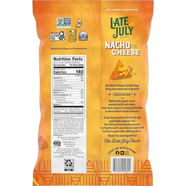 LATE JULY SNACKS NACHO CHEESE TORTILLA CHIPS, 7.8 OZ BAG