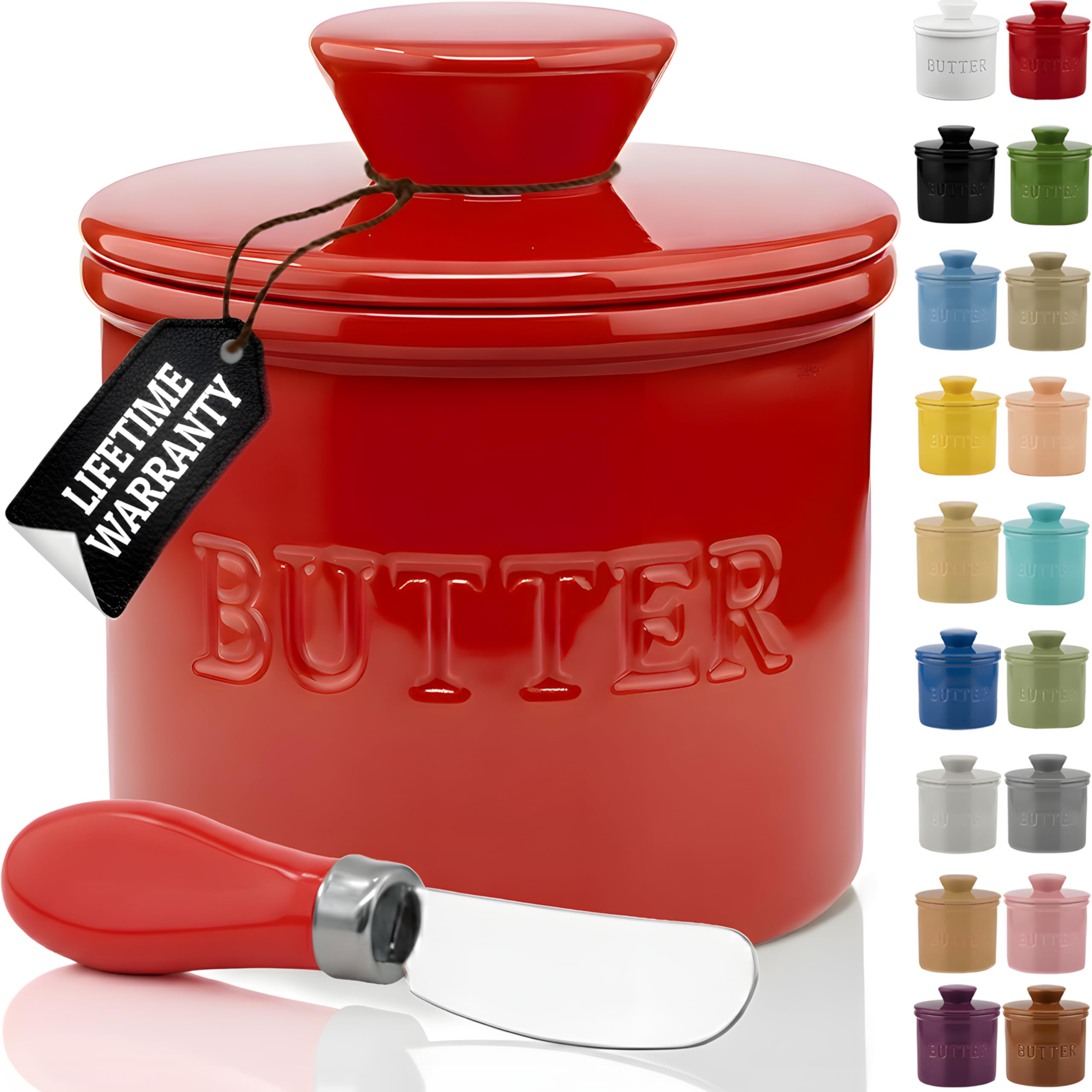 Photo 1 of ***MISSING BUTTER KNIFE***PriorityChef Butter Crock with Lid with Water Line, Ceramic French Butter Dish to Leave On Counter, Red***MISSING BUTTER KNIFE***