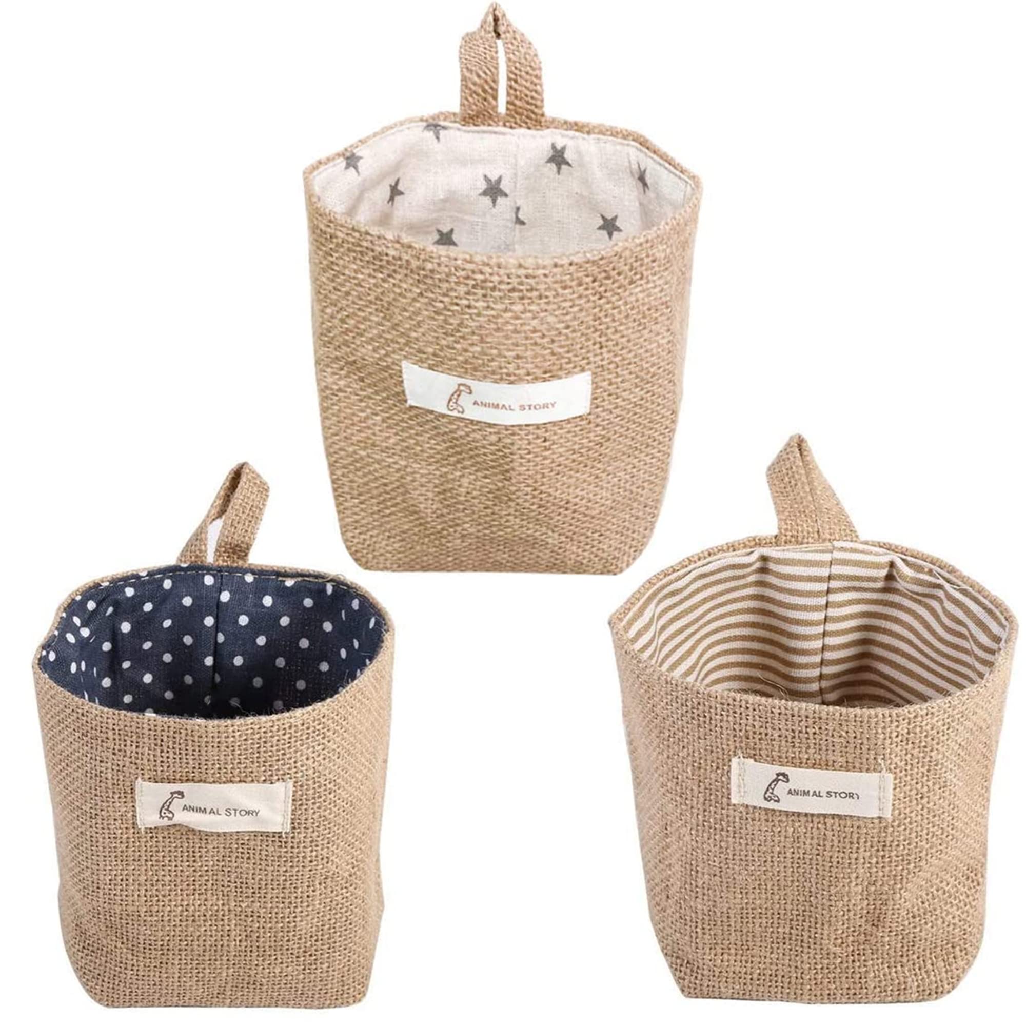 3 Pcs Small Hanging Basket | Wall Storage Baskets | Foldable Wall Hanging Basket | Cotton Hanging Storage Baskets | Hanging Storage Bag for TV Remote, Keys, Glasses, Cosmetics - 14 * 13 * 10cm