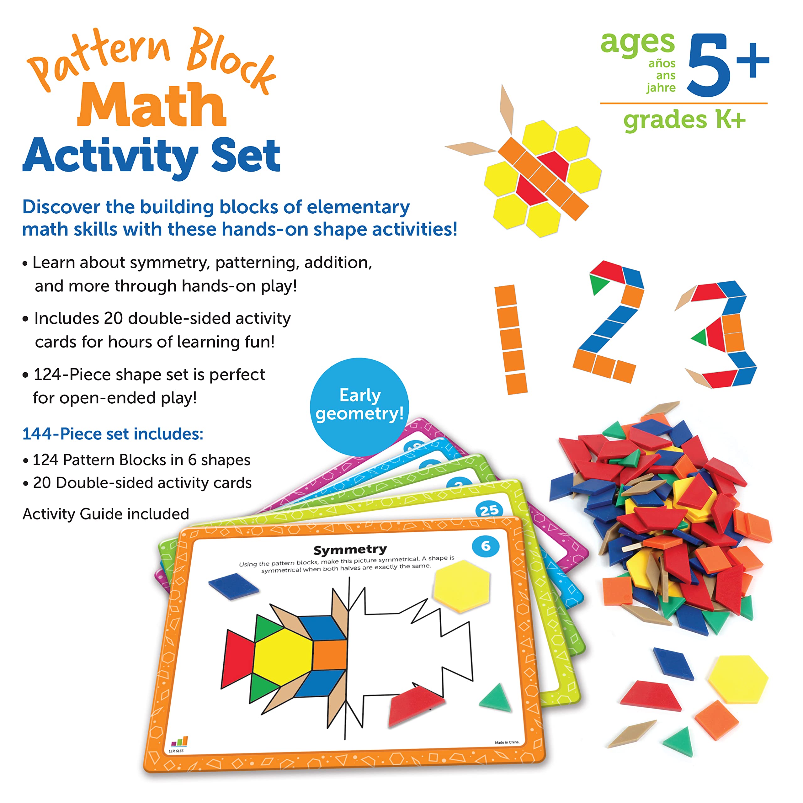Learning Resources Pattern Block Math Activity Set - 144 Pieces, Age 5+ Math Games for Kids, Educational Games, Kindergartner Math